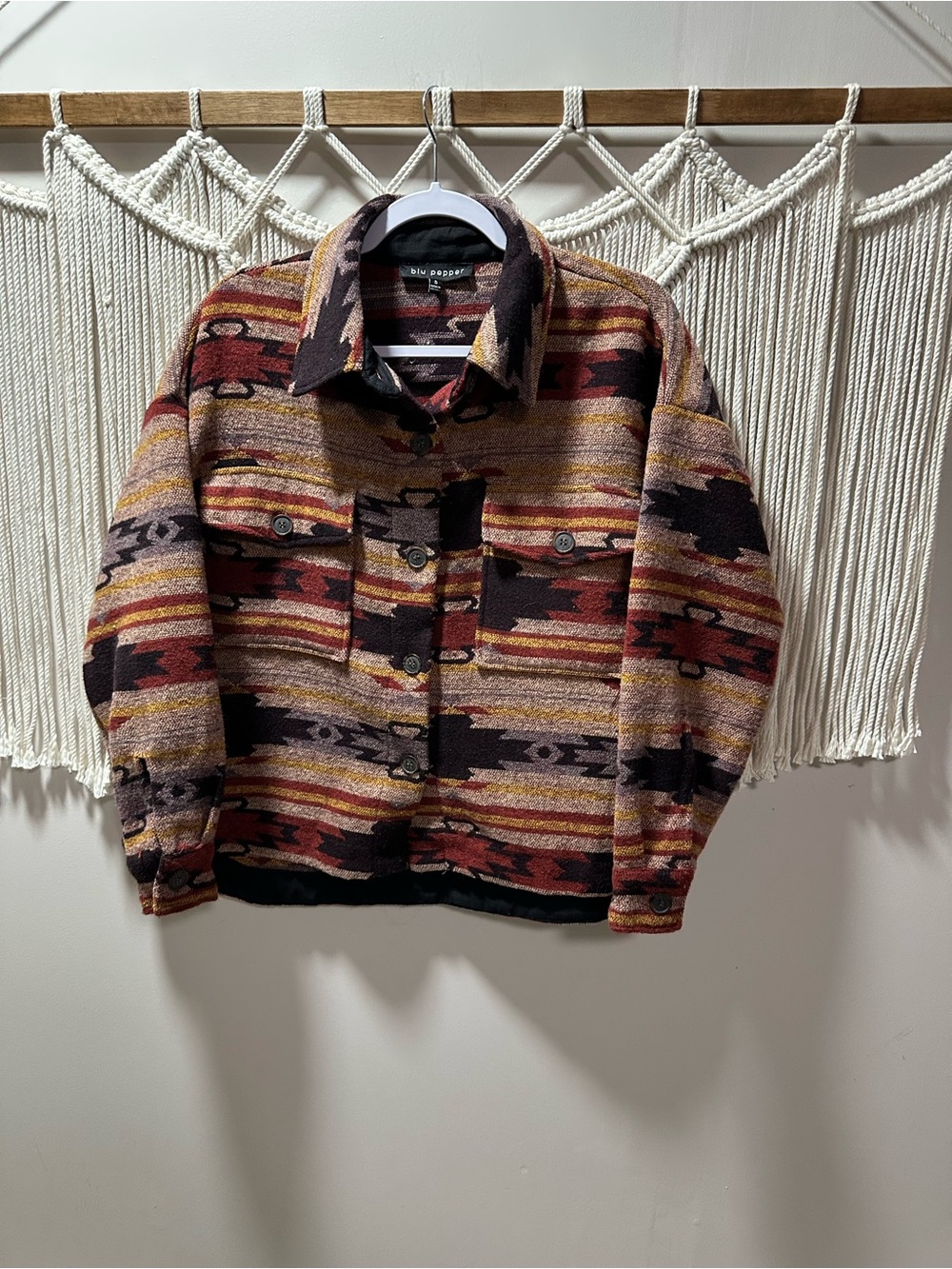 Blu Pepper Southwestern Stripe Utility Jacket in Rust, Purple & Mustard